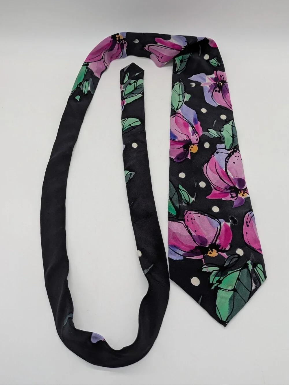 Vintage Robert Daskal Black Pink Floral Hand Painted Silk Tie